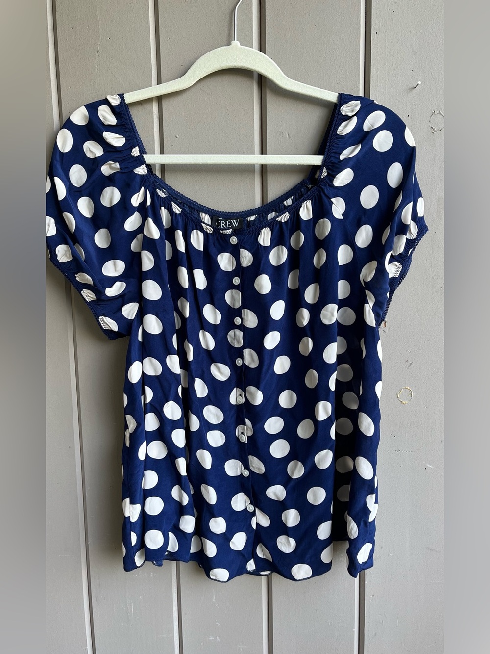 J. Crew Womens L Cap Sleeve Navy and White Polka Dot  Crepe de Chine Top